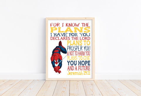 Spiderman Christian Superhero Nursery Decor Unframed Print For I Know The Plans I Have for You Jeremiah 29:11