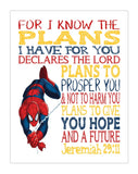 Spiderman Christian Superhero Nursery Decor Unframed Print For I Know The Plans I Have for You Jeremiah 29:11