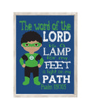 African American Green Lantern Superhero Nursery Print - The word of the Lord is a Lamp for my Feet