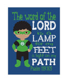 African American Green Lantern Superhero Nursery Print - The word of the Lord is a Lamp for my Feet