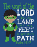 African American Green Lantern Superhero Nursery Print - The word of the Lord is a Lamp for my Feet