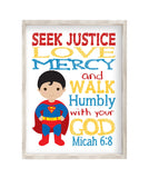 Superman Superhero Christian Nursery Decor Unframed Print Seek Justice Love Mercy Micah 6:8