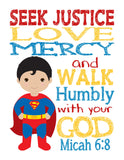 Superman Superhero Christian Nursery Decor Unframed Print Seek Justice Love Mercy Micah 6:8