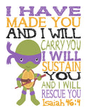 Christian Turtles Nursery Decor Set of 4 Unframed Prints - Raphael, Michelangelo, Donatello and Leonardo with Bible Verses