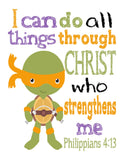 Christian Turtles Nursery Decor Set of 4 Unframed Prints - Raphael, Michelangelo, Donatello and Leonardo with Bible Verses