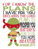 Christian Turtles Nursery Decor Set of 4 Unframed Prints - Raphael, Michelangelo, Donatello and Leonardo with Bible Verses