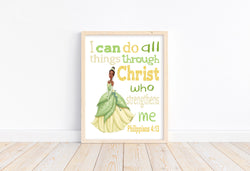 Tiana Princess Christian Nursery Decor Unframed Print - I Can Do All Things Through Christ Who Strengthens Me - Philippians 4:13