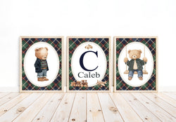 Personalized Vintage Teddy Bear Plaid Nursery Decor Set of 3 Unframed Prints