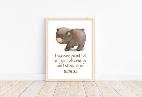 Watercolor Bear Woodland Animal Christian Nursery Unframed Print - I Will Carry You - Isaiah 46:4