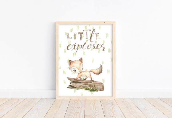 Little Explorer Watercolor Fox Woodland Animals Nursery Unframed Print Rustic Country Boho Baby Decor