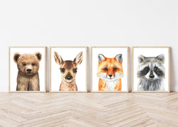 Woodland Animals Nursery Set of 4 Unframed Prints - Bear, Raccoon, Deer and Fox