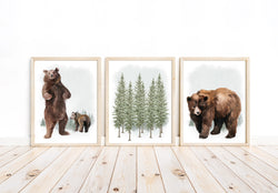 Woodland Bear Nursery Prints Set of 3 Unframed Prints Watercolor Forest Animal Wall Art