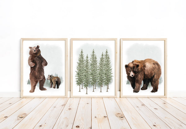 Woodland Bear Nursery Prints Set of 3 Unframed Prints Watercolor Forest Animal Wall Art