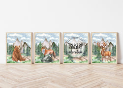 Watercolor Woodland Animals Nursery Set of 4 Unframed Prints, You Are Our Greatest Adventure, Bear Fox and Deer