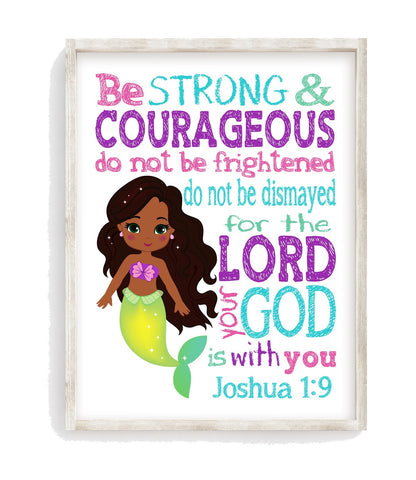African American Ariel Princess Christian Nursery Decor Unframed Print Be Strong and Courageous Joshua 1:9
