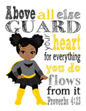 African American Girl Superhero Christian Nursery Set of 6 Prints, Batgirl, Captain America, Spidergirl, Irongirl, Supergirl and Wonder Woman