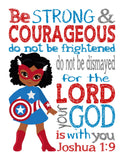 African American Girl Superhero Christian Nursery Set of 6 Prints, Wonder Woman, Captain America, Spidergirl, Irongirl, Supergirl and Batgirl with Bible Verses