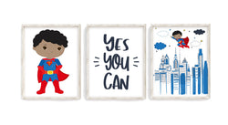 Yes You Can African American Superhero Motivational Nursery Little Boys Room Set of 3 Unframed Prints