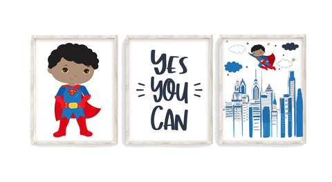 Yes You Can African American Superman Superhero Motivational Nursery Little Boys Room Set of 3 Unframed Prints
