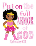 African American Superhero in Pink Christian Nursery Set of 4 Unframed Prints - Supergirl, Batgirl, Wonder Woman with Bible Verses