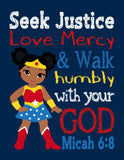 African American Girl Superhero Christian Nursery Set of 6 Prints, Batgirl, Captain America, Spidergirl, Supergirl, Irongirl and Wonder Woman