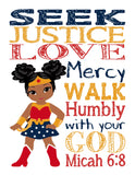 African American Girl Superhero Christian Nursery Set of 6 Prints, Batgirl, Captain America, Spidergirl, Irongirl, Supergirl and Wonder Woman