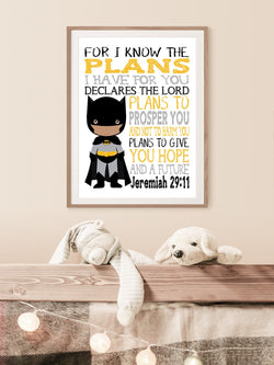 African American Batman Superhero Christian Nursery Decor Unframed Print - For I Know The Plans I Have For You - Jeremiah 29:11