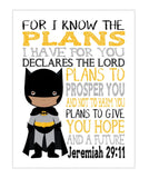 African American Batman Superhero Christian Nursery Decor Unframed Print - For I Know The Plans I Have For You - Jeremiah 29:11