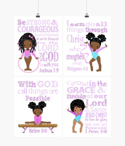 African American Gymnast Christian Nursery Decor Set of 4 Prints with Bible Verses in Purple