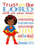African American Girl Superhero Christian Nursery Set of 6 Prints, Wonder Woman, Captain America, Spidergirl, Irongirl, Supergirl and Batgirl with Bible Verses