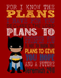 African American Superhero Christian Nursery Decor Set of 4 Prints - Batman, Captain America, Superman and Hulk