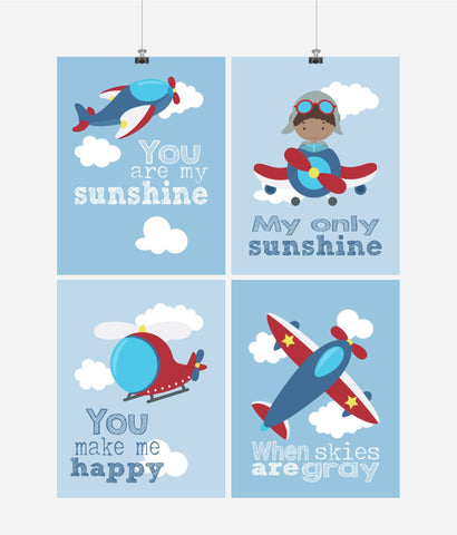 African American Aviation Travel Nursery Art Set of 4 Prints - You Are My Sunshine
