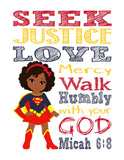 African American Christian Superhero Nursery Decor Wall Art Set of 4 Prints - Wonder Woman Supergirl Batgirl and Bumblebee