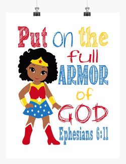 African American Wonder Woman Christian Superhero Nursery Decor Wall Art Print - Put on the Full Armor of God - Ephesians 6:11