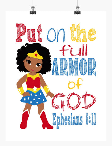 African American Wonder Woman Christian Superhero Nursery Decor Wall Art Print - Put on the Full Armor of God - Ephesians 6:11