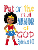 African American Christian Superhero Nursery Decor Wall Art Set of 4 Prints - Wonder Woman Supergirl Batgirl and Bumblebee