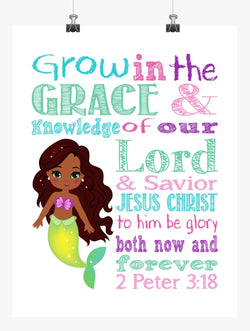 African American Ariel Princess Christian Nursery Decor Print - Grow in Grace and Knowledge