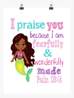 African American Ariel Princess Christian Nursery Decor Print - Fearfully & Wonderfully Made Psalm 139:14