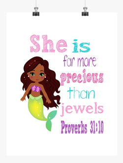 African American Ariel Princess Christian Nursery Decor Print - She is far more Precious than Jewels - Proverbs 31:10