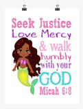 African American Ariel Princess Christian Nursery Decor Print - Seek Justice Love Mercy - Micah 6:8
