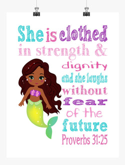 African American Ariel Princess Christian Nursery Decor Print - She is clothed in strength & dignity - Proverbs 31:25