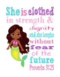 African American Ariel Princess Christian Nursery Decor Print - She is clothed in strength & dignity - Proverbs 31:25