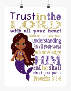 African American Ariel Mermaid Princess Christian Nursery Decor Print - Trust in the Lord with all your heart - Proverbs 3:5-6