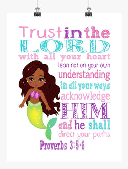 African American Ariel Princess Christian Nursery Decor Art Print - Trust in the Lord with all your heart - Proverbs 3:5-6