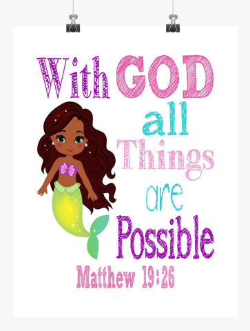 African American Ariel Princess Christian Nursery Decor Print - With God All Things Are Possible - Matthew 19:26