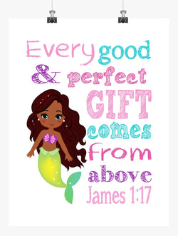 African American Ariel Christian Princess Nursery Decor Wall Art Print - Every Good and Perfect Gift Comes From Above - James 1:17
