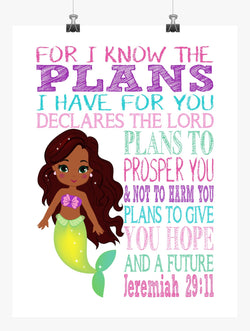 African American Ariel Christian Princess Nursery Decor Wall Art Print - For I Know The Plans I Have For You - Jeremiah 29:11