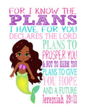 African American Ariel Christian Princess Nursery Decor Wall Art Print - For I Know The Plans I Have For You - Jeremiah 29:11