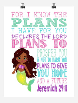 African American Ariel Christian Princess Nursery Decor Wall Art Print - For I Know The Plans I Have For You - Jeremiah 29:11