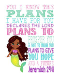 African American Ariel Christian Princess Nursery Decor Wall Art Print - For I Know The Plans I Have For You - Jeremiah 29:11